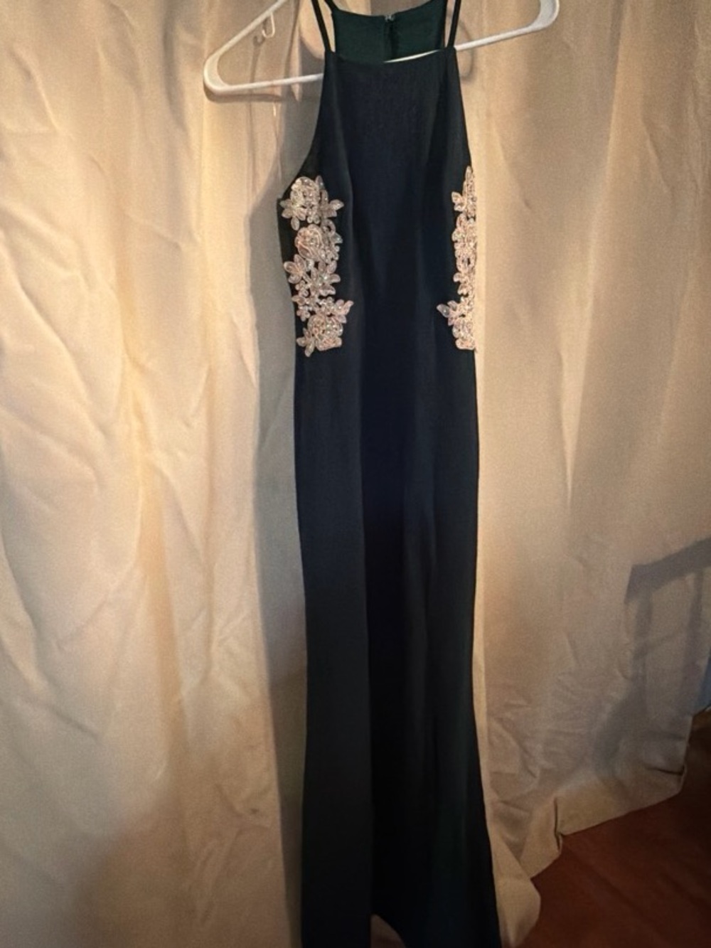 Dark Green Halter Maxi Dress with Cream Floral Appliqué